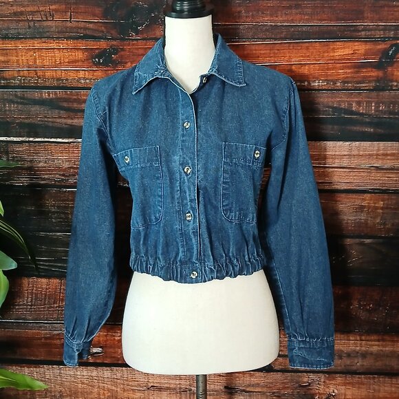 Oakbrook Denim Crop Top Size 8 Vintage 80s Blue Jean Long Sleeve US Made - Picture 2 of 8